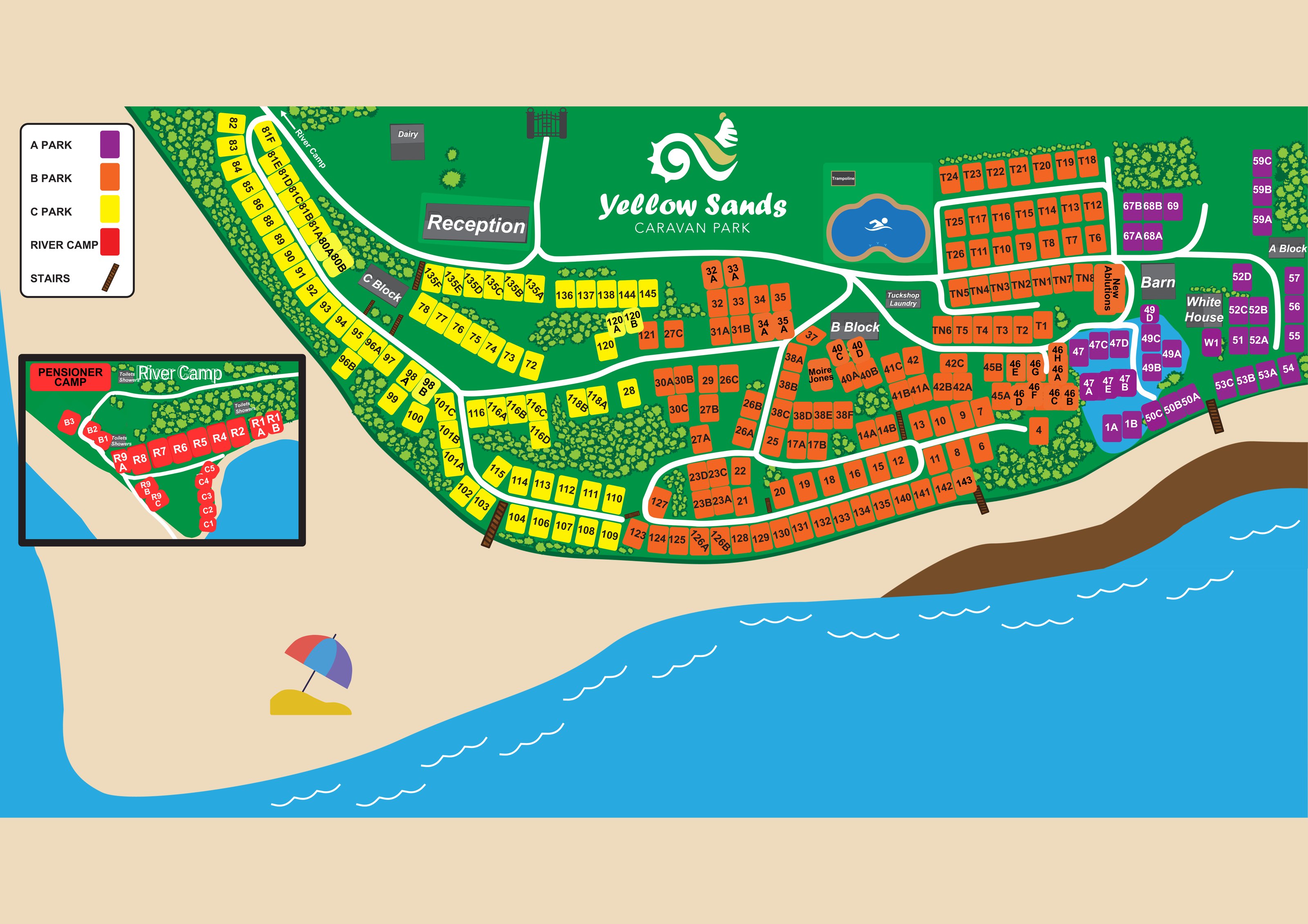 Yellow Sands Caravan Park site layout map for 2026, showing numbered sites across A Park, B Park and C Park, plus the River Camp and Pensioner Camp, reception, pool, trampoline, ablution blocks and beach stairs
