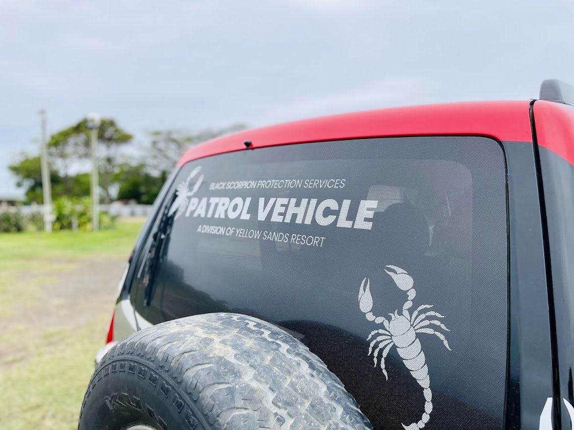 Black Scorpion Protection Services patrol vehicle at Yellow Sands Resort